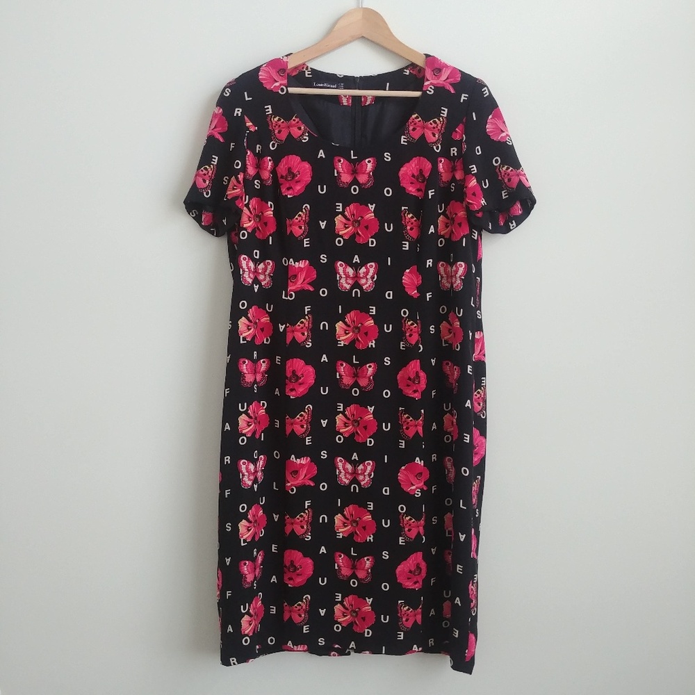 Louis Feraud black pink white floral butterfly dress size 16